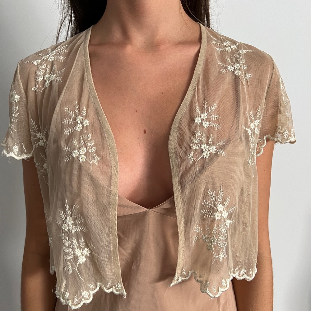 Sheer Tan Cropped Top with Embroidered Detailing